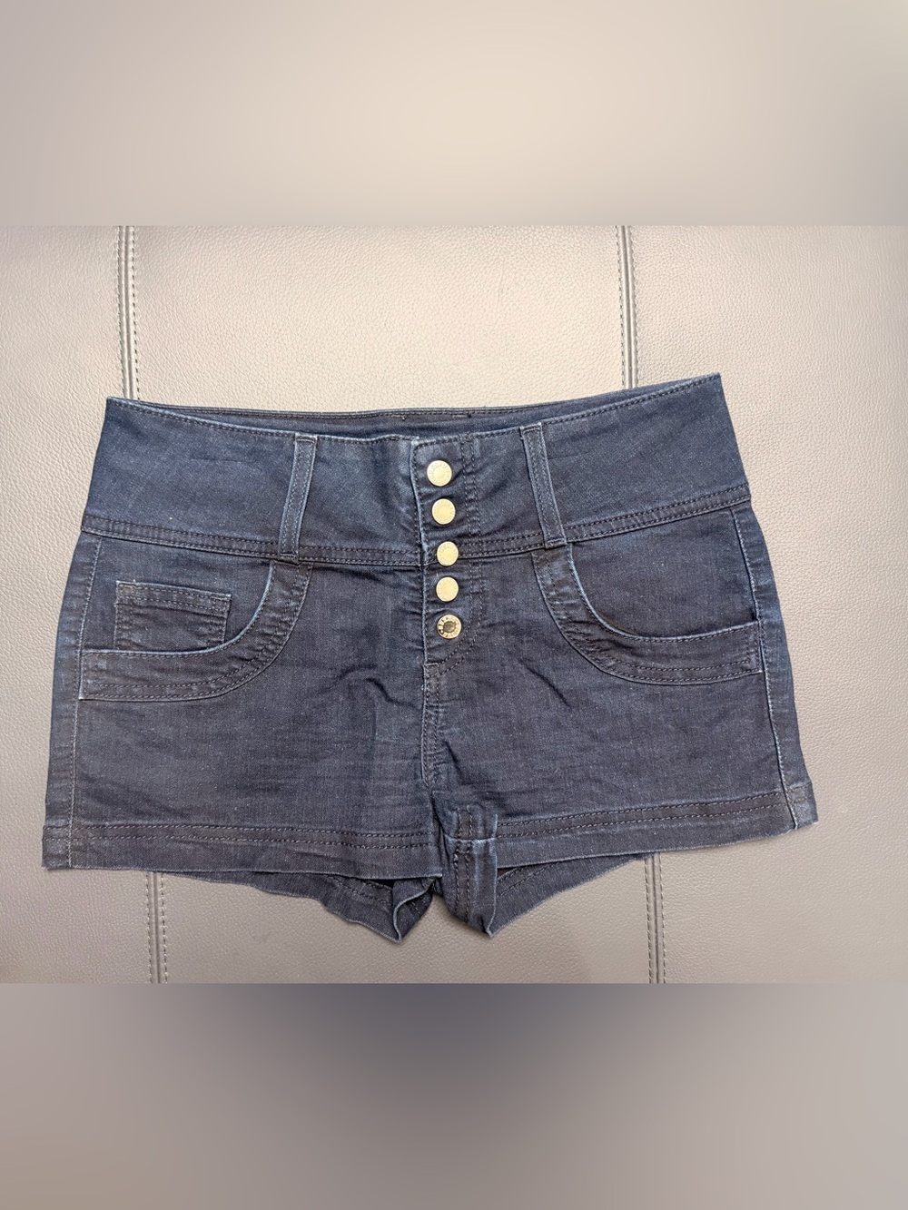 Guess High Rise Button Front Denim Shorts   Dark Blue